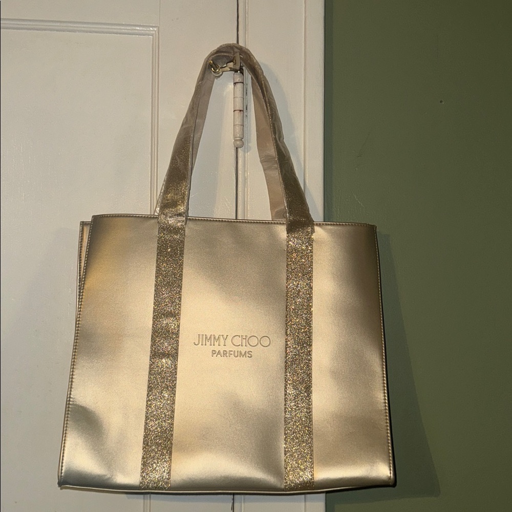 Jimmy Choo Parfums Gold Glitter Tote Bag W Sparkling Straps & Sleek Finish NWT - Picture 3 of 11